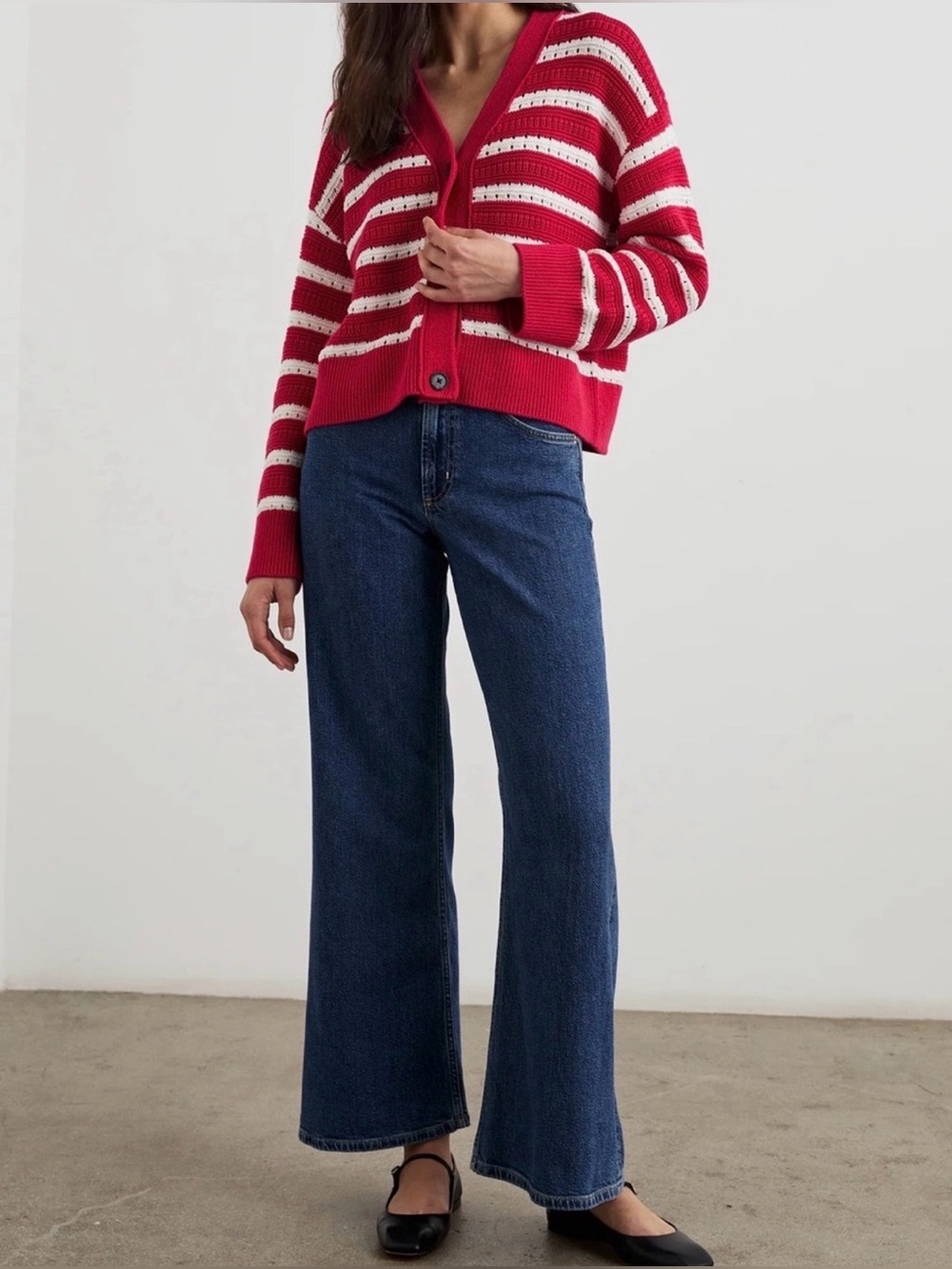RAILS Geneva Striped Cotton Pointelle Cardigan Sweater Red White NWT
